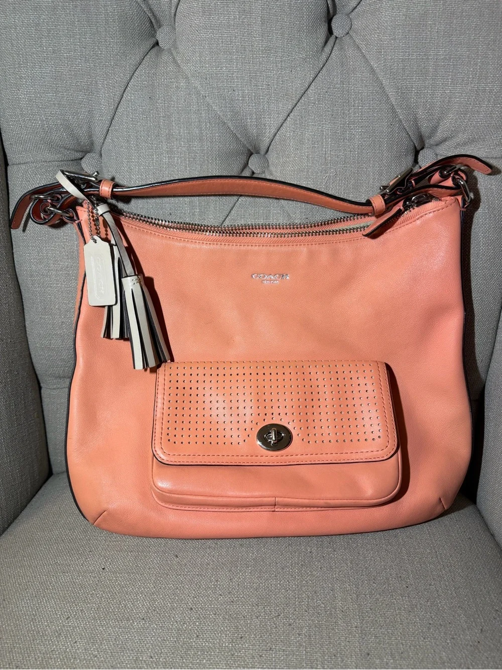 COACH Legacy Perforated Leather Courtenay Hobo 23704 SV/Coral w/Light Sand